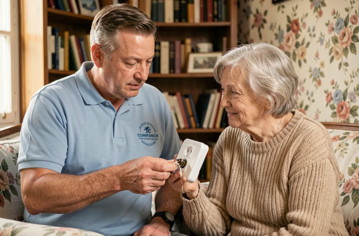 Technicien Acces Seniors expliquant une réparation électrique à une personne âgée dans son domicile en Maine-et-Loire