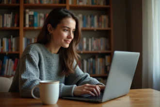 Femme naviguant sur un site de streaming de films depuis son bureau à domicile