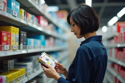 Femme comparant des cartouches d'encre dans un magasin de fournitures de bureau au Luxembourg
