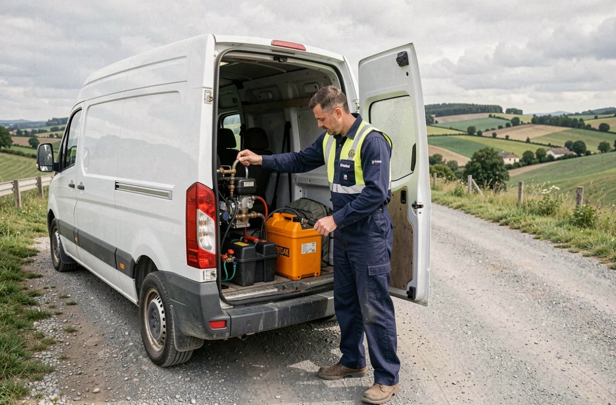 Technicien Actuel Service chargeant son matériel dans son camion en Auvergne-Rhône-Alpes pour un dépannage