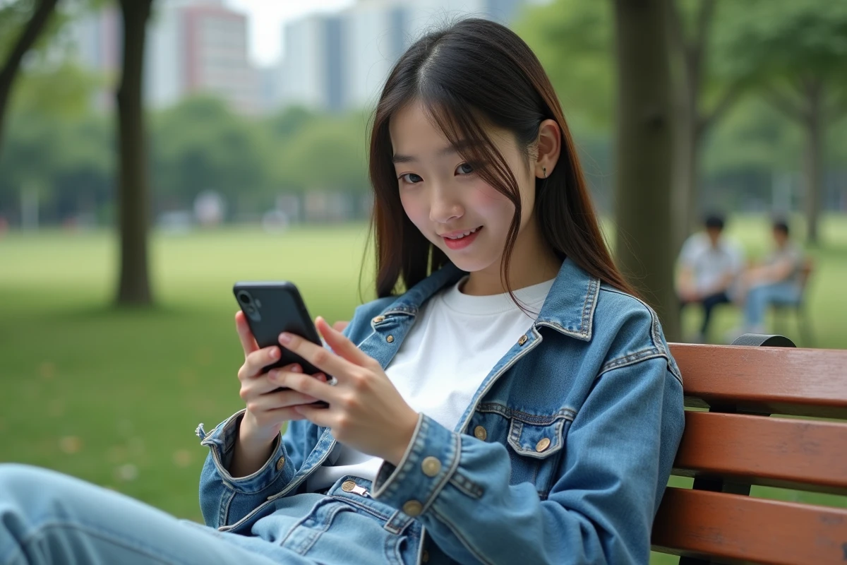Adolescente lisant un manhwa sur son smartphone dans un parc