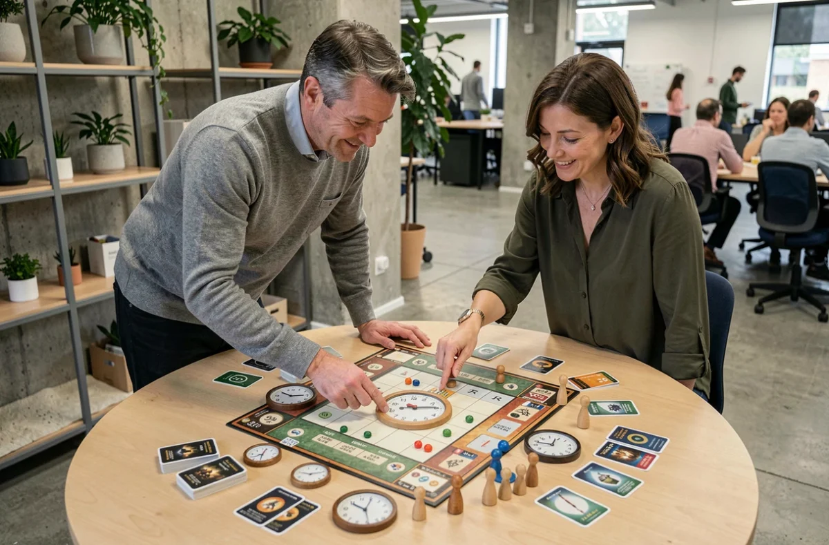 Deux adultes en atelier autour d'un jeu de gestion du temps dans un espace de coworking moderne
