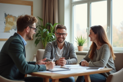 Agent immobilier discutant avec un couple dans un salon moderne
