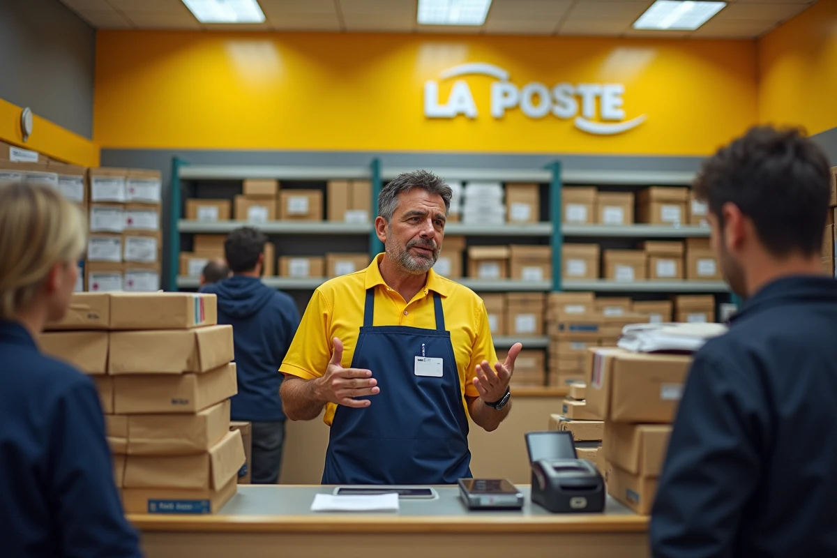Agent La Poste derrière un comptoir saturé de colis Colissimo dans un bureau de poste bondé