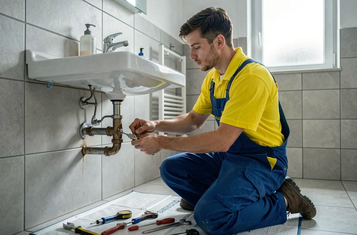 Plombier Allo Services en intervention dans une salle de bain d'un appartement à Villeurbanne