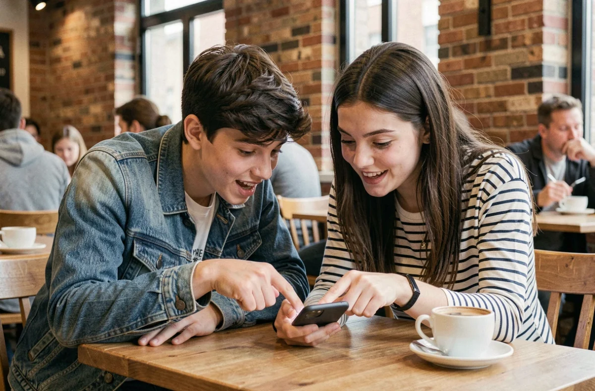 Deux amis adolescents consultant ensemble les codes Brawl Stars sur un téléphone dans un café