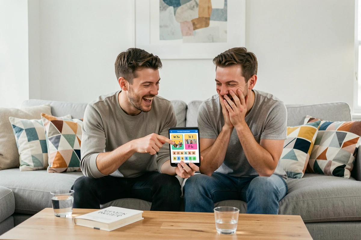 Deux amis jouant ensemble au jeu 4 Images 1 Mot et cherchant un mot de 9 lettres