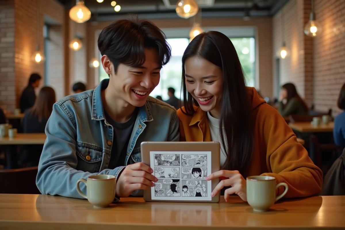 Deux amis adultes lisant ensemble des chapitres du manga Kingdom sur une tablette dans un café urbain