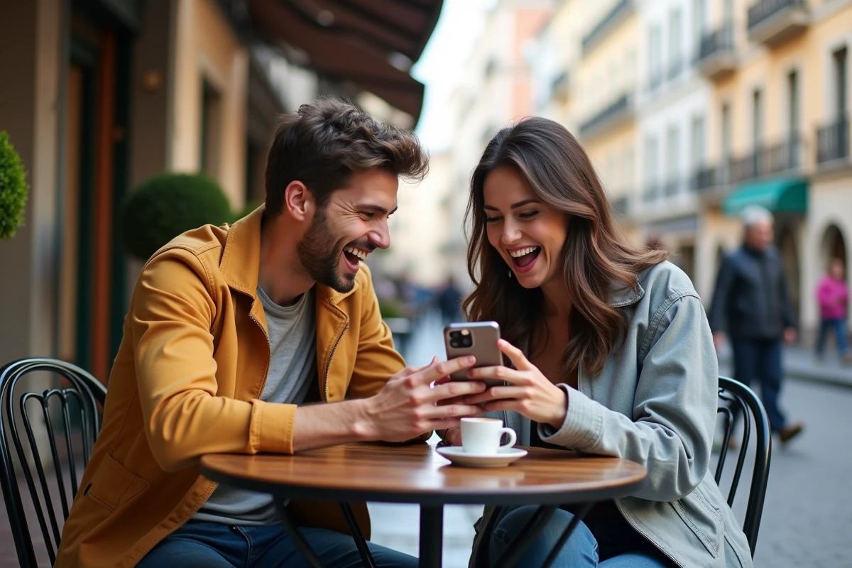 Deux amis partageant un lien Monopoly GO sur smartphone à la terrasse d'un café urbain avec des expressions de joie
