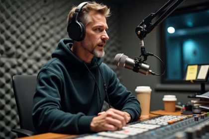 Animateur radio masculin au micro dans un studio de radio FM professionnel avec console de mixage et panneaux acoustiques