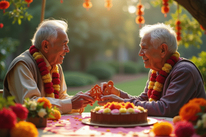 Couple âgé échangeant des guirlandes faites main pour un anniversaire 48 ans