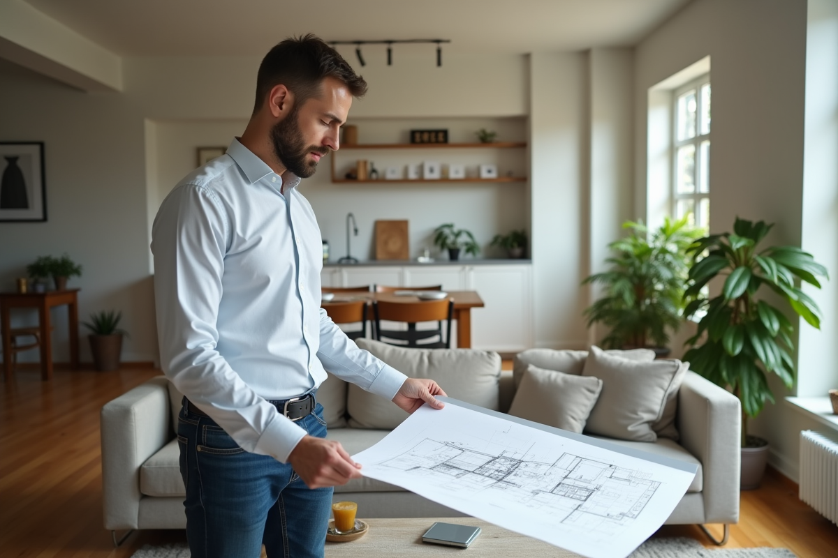 Architecte examinant un plan dans un salon lumineux
