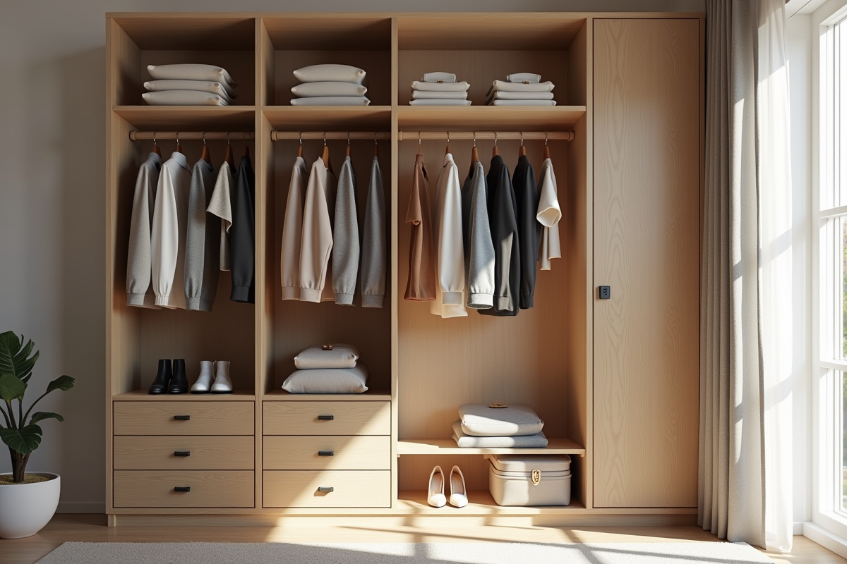 Armoire minimaliste avec vetements et accessoires bien ranges