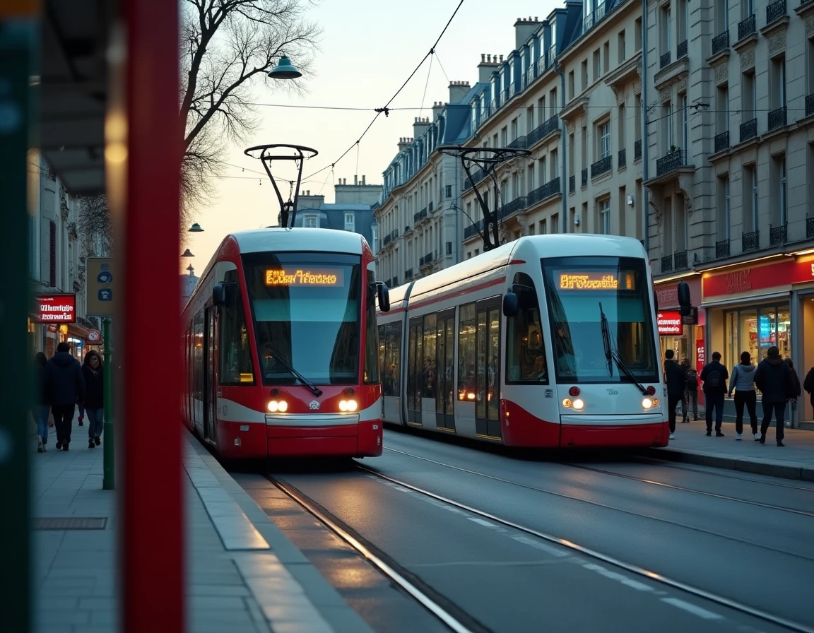 Arrêt de tramway RATP en correspondance avec le métro ligne 3 et bus en plein Paris