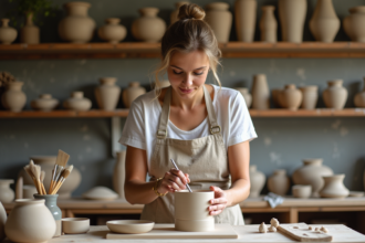 Femme artisan en atelier de poterie lumineuse
