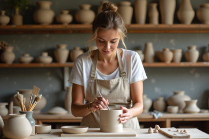 Femme artisan en atelier de poterie lumineuse