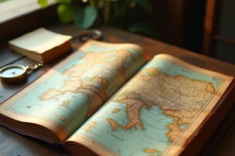 Atlas vintage ouvert sur une carte détaillée des pays commençant par F comme France et Finlande, posé sur un bureau en bois rustique avec une boussole en laiton