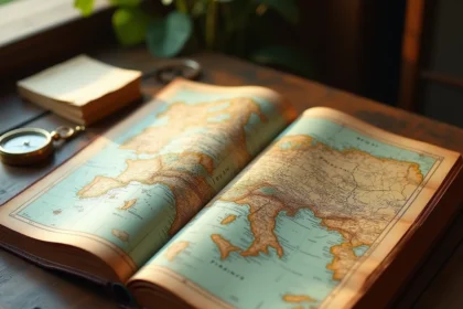 Atlas vintage ouvert sur une carte détaillée des pays commençant par F comme France et Finlande, posé sur un bureau en bois rustique avec une boussole en laiton