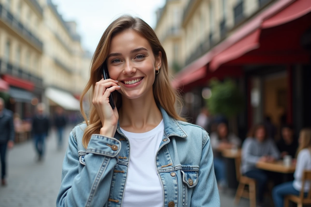 Jeune femme appelant le standard d'une radio depuis son smartphone dans une rue parisienne animée