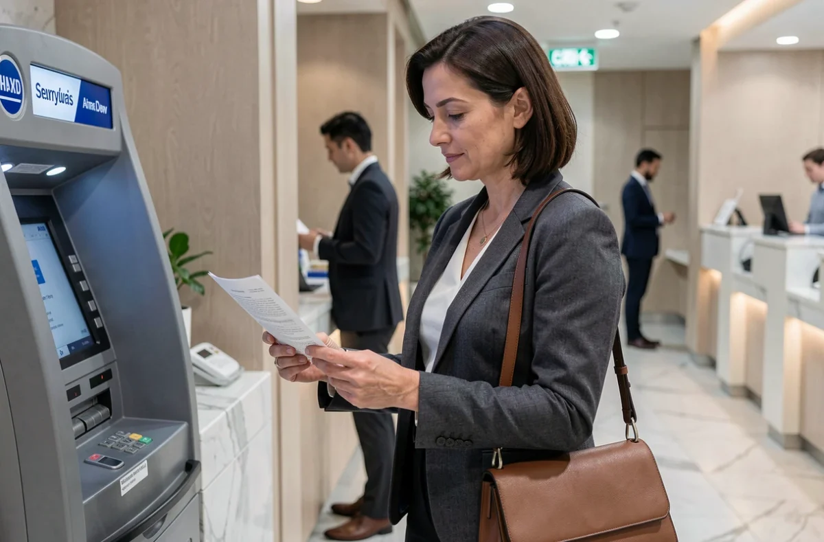 Femme consultant un relevé bancaire avec assurance dans une agence moderne, illustrant l'autonomie financière de la victime