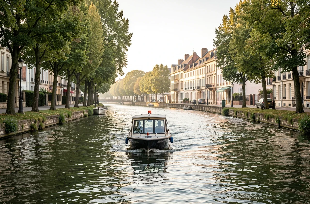 Bateau naviguant sur l'Erdre bordée de verdure à Nantes
