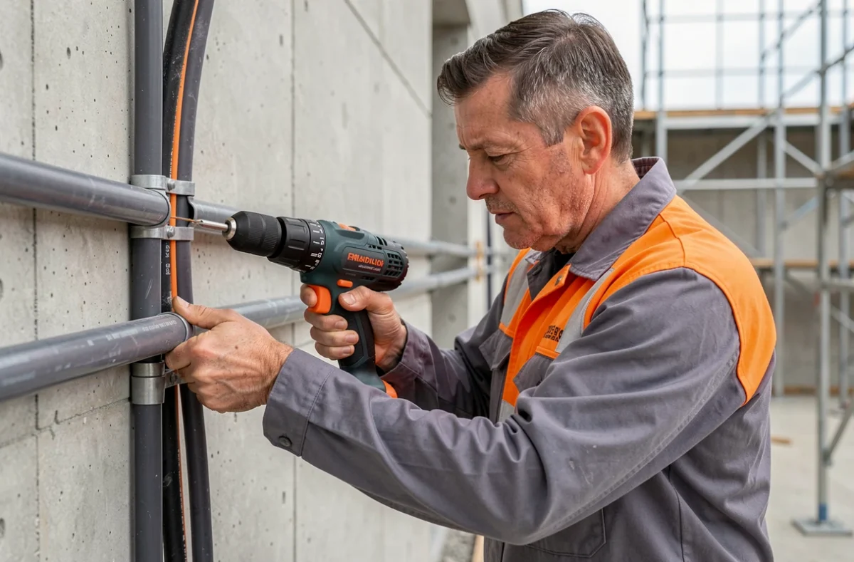 Électricien Bâti Concept Électrique posant des conduits électriques dans un bâtiment commercial en construction en Maine-et-Loire