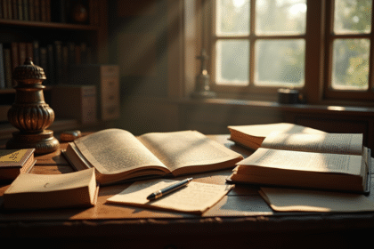 Bureau de bibliothèque vintage avec livres classiques et personnages célèbres