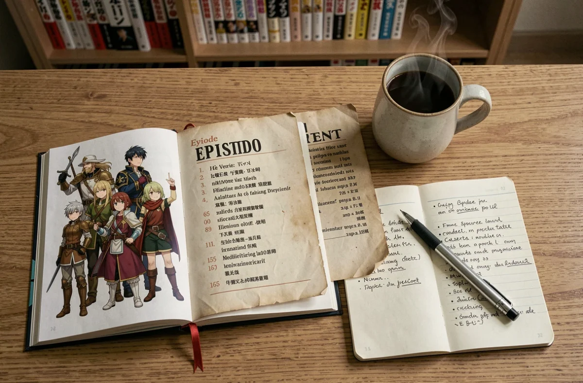 Bureau organisé avec artbook Fairy Tail, liste d'épisodes et notes manuscrites