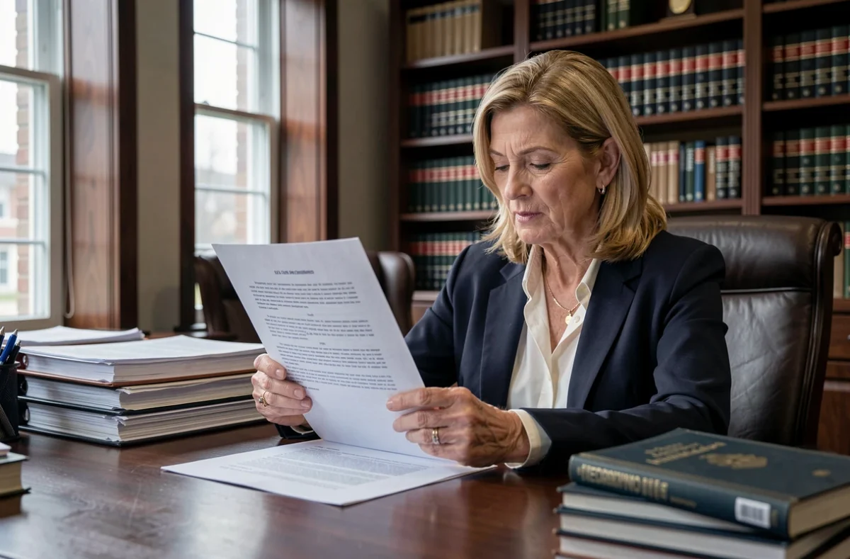 Femme consultant attentivement des documents juridiques dans un bureau professionnel, illustrant le cadre légal et la connaissance de ses droits