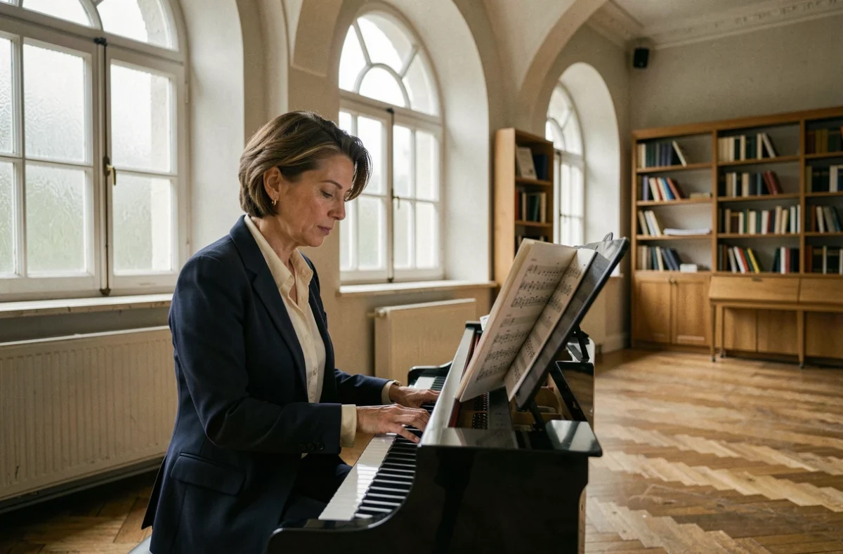 Cantatrice en répétition au piano dans un conservatoire, pour illustrer les erreurs de mots croisés musicaux