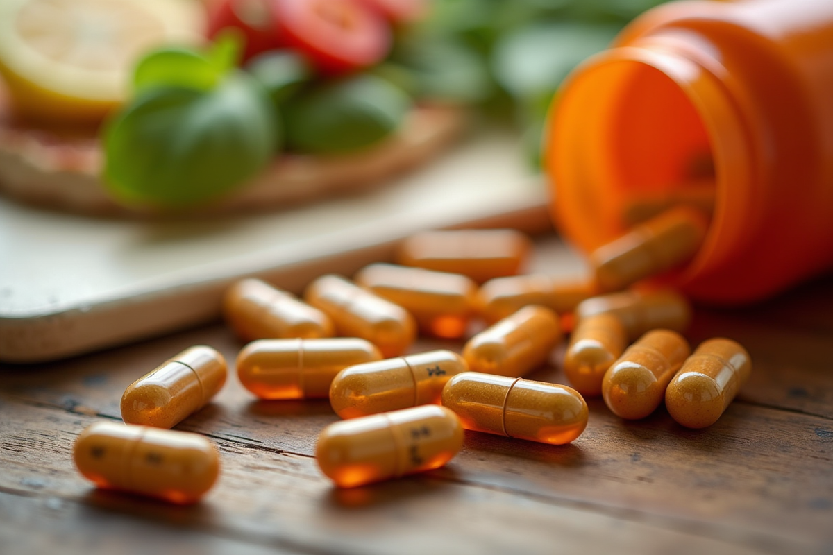 Capsules de vitamine B12 renversées sur une table en bois avec un petit déjeuner