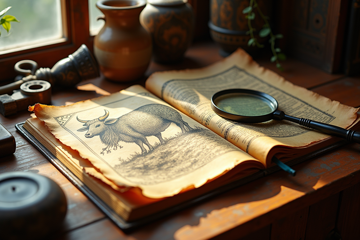 Carte ancienne et livre avec illustration de yak et artefacts tibetains