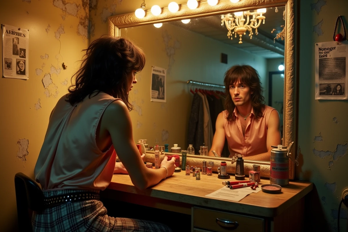 Chanteur rock britannique des années 70 dans une loge de scène, assis devant un miroir de maquillage entouré d'épingles à nourrice et de coupures de presse, entre esthétique glam et punk