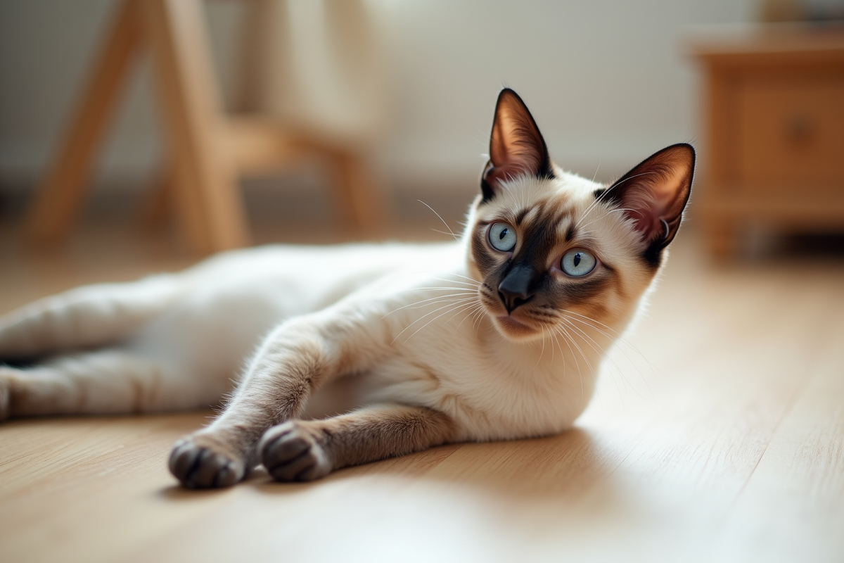 Chat siamois joueur allongé sur un sol en bois clair