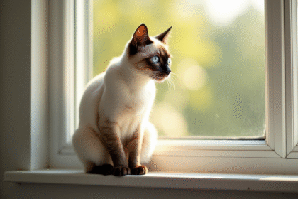 Chat siamois assis sur une fenêtre ensoleillée avec yeux bleus