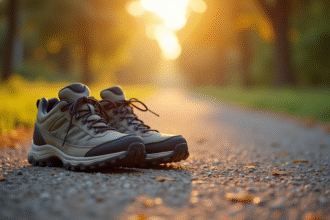 Chaussures de marche usées sur un chemin en gravier ensoleillé