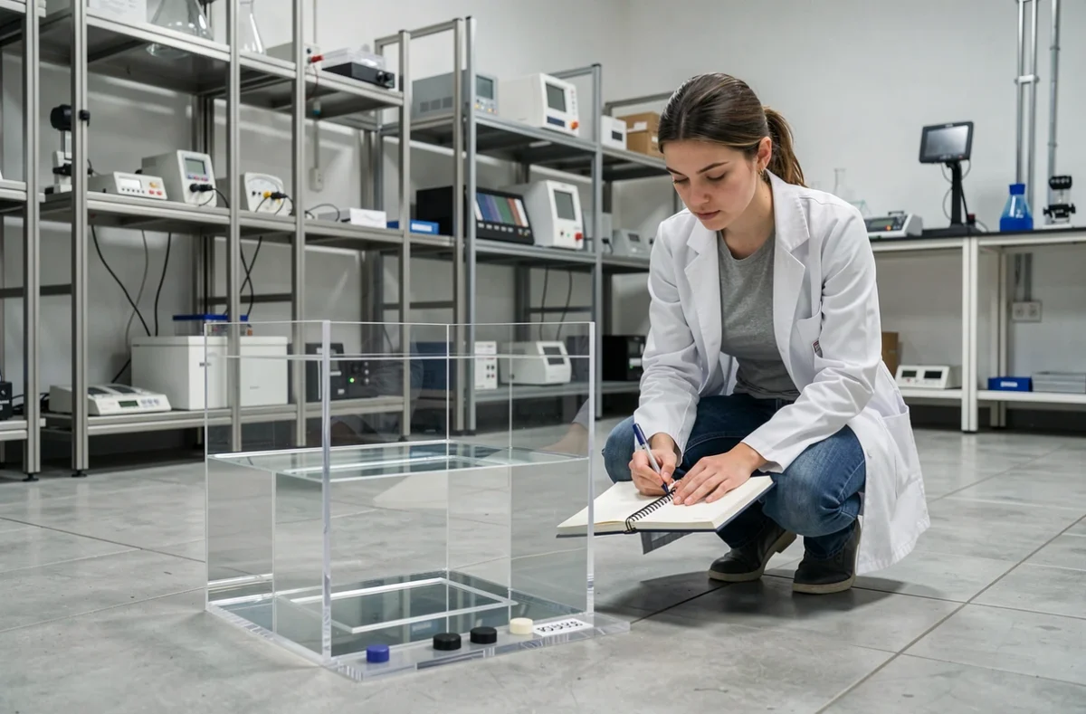 Chercheuse mesurant un réservoir d'un mètre cube rempli d'eau dans un laboratoire scientifique, illustrant la conversion en litres