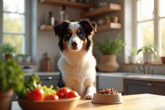 Chien border collie et australian shepherd en cuisine lumineuse