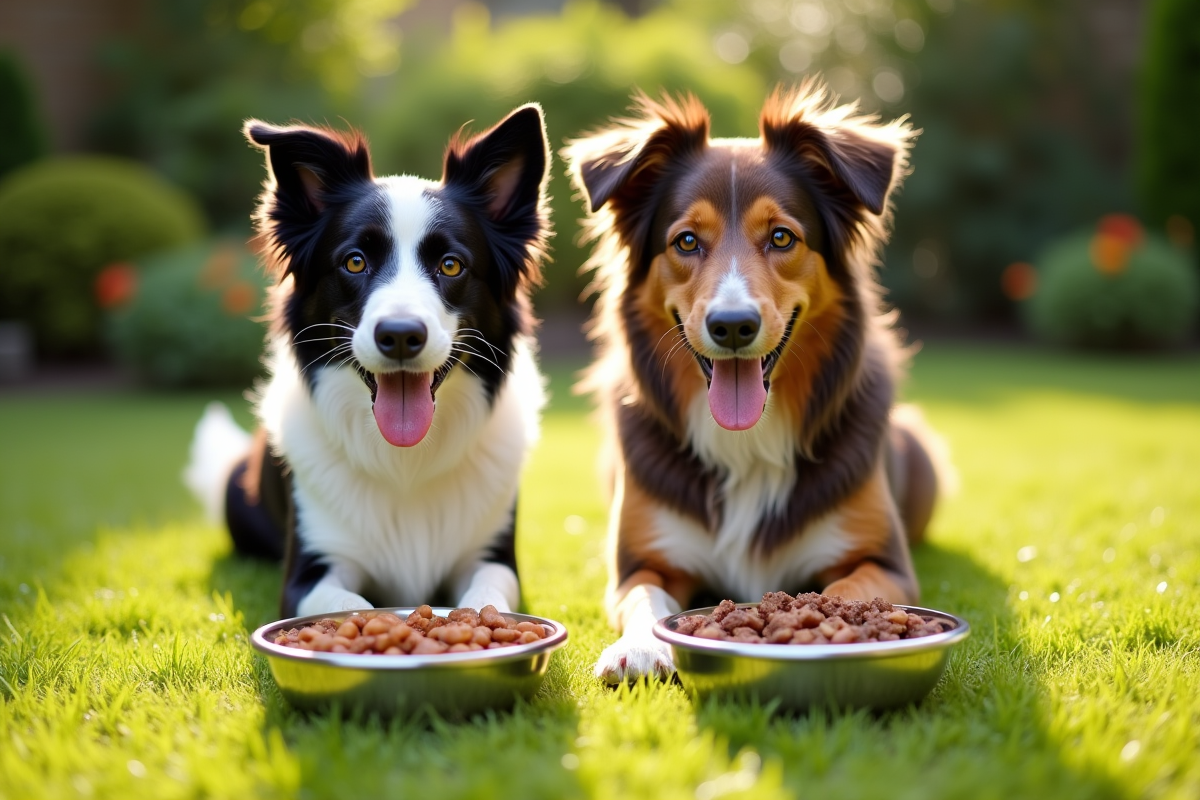 Chien joueur mangeant dehors dans un jardin ensoleille