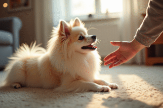 Chien Spitz couché sur un tapis dans le salon regardant son propriétaire