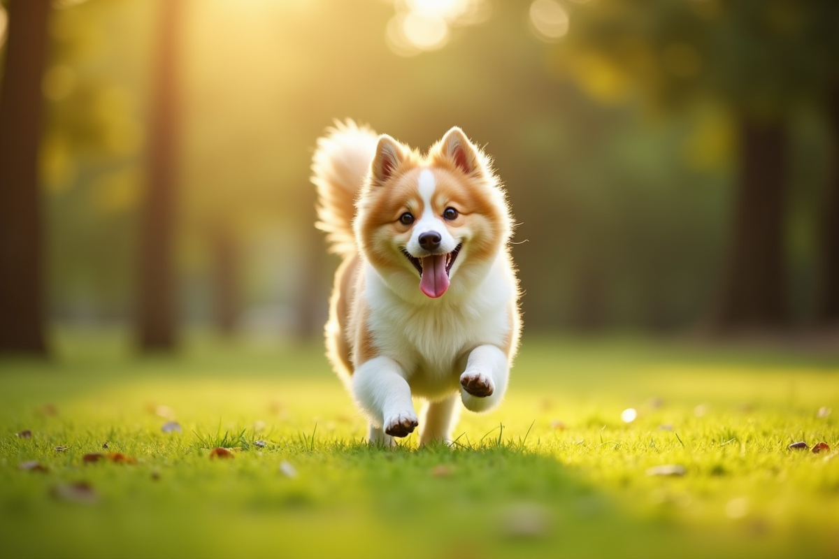 Chien Spitz courant dans un parc ensoleille avec la langue dehors