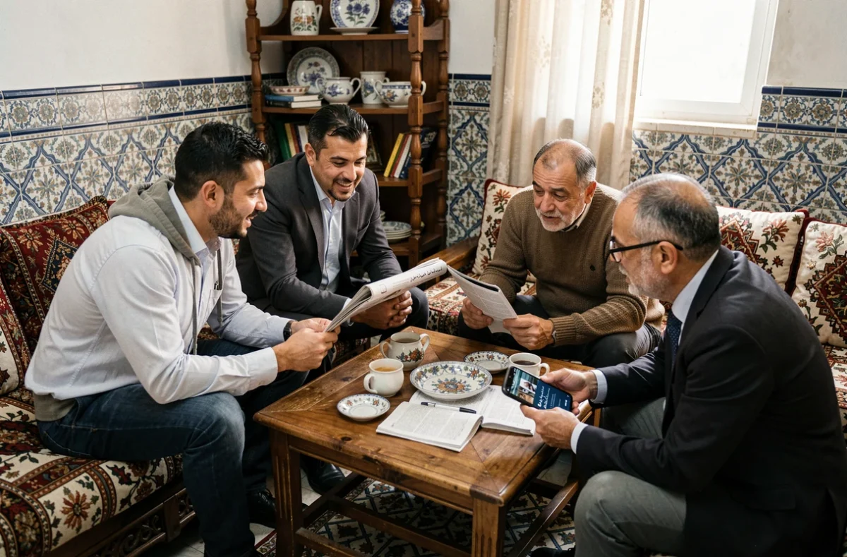 Groupe de citoyens algériens débattant autour d'un journal arabophone dans un appartement traditionnel, illustrant l'impact d'Elchorouk sur l'opinion publique et le débat social