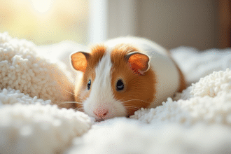 Cochon d'Inde bébé reposant sur un lit doux blanc