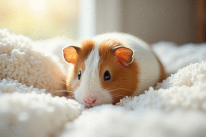 Cochon d'Inde bébé reposant sur un lit doux blanc