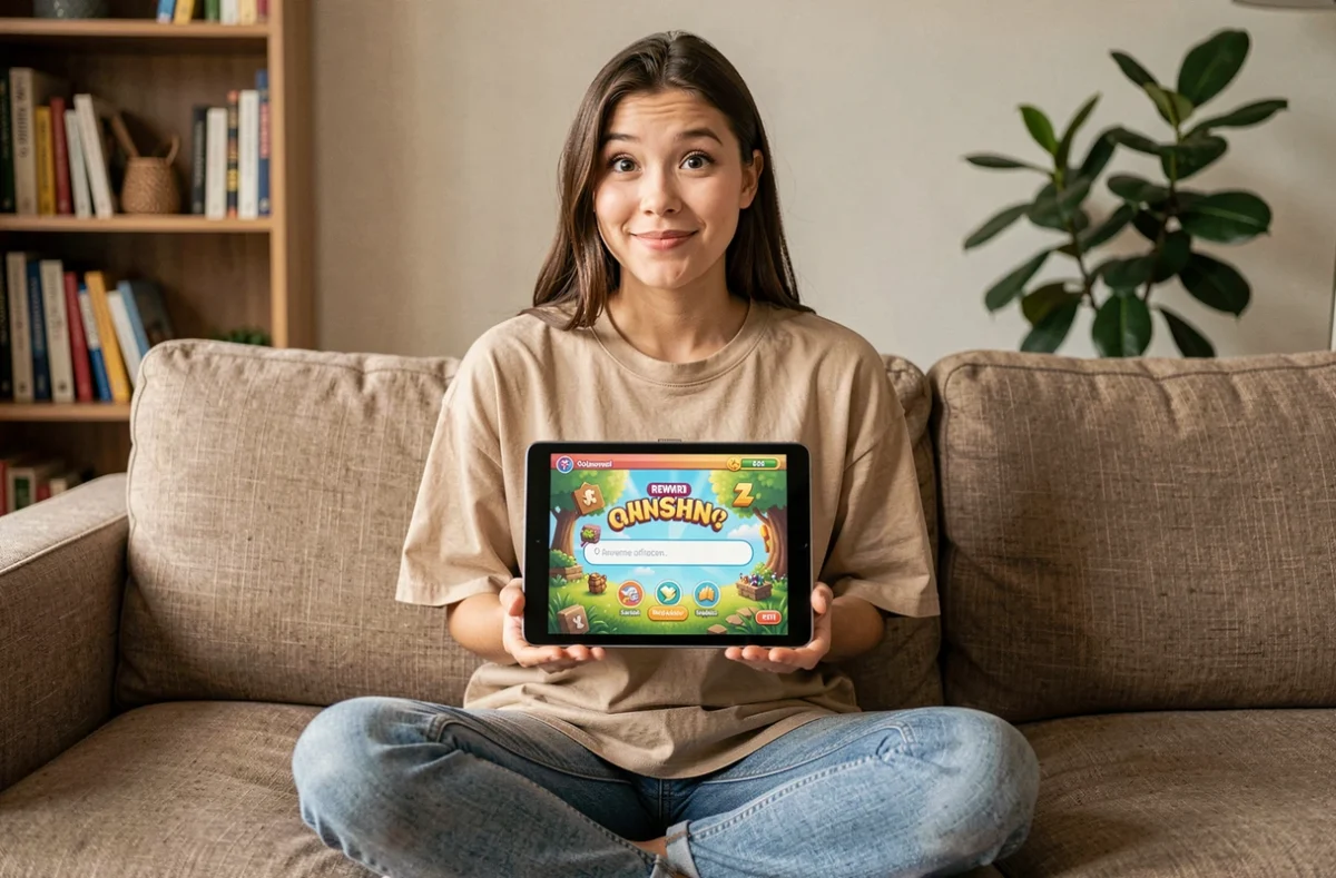 Jeune femme entrant un code de récompense Brawl Stars sur une tablette dans un salon moderne