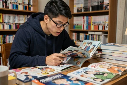 Jeune homme comparant deux volumes de manga One Piece ouverts sur un bureau en bois encombré, expression concentrée, bibliothèque manga en arrière-plan