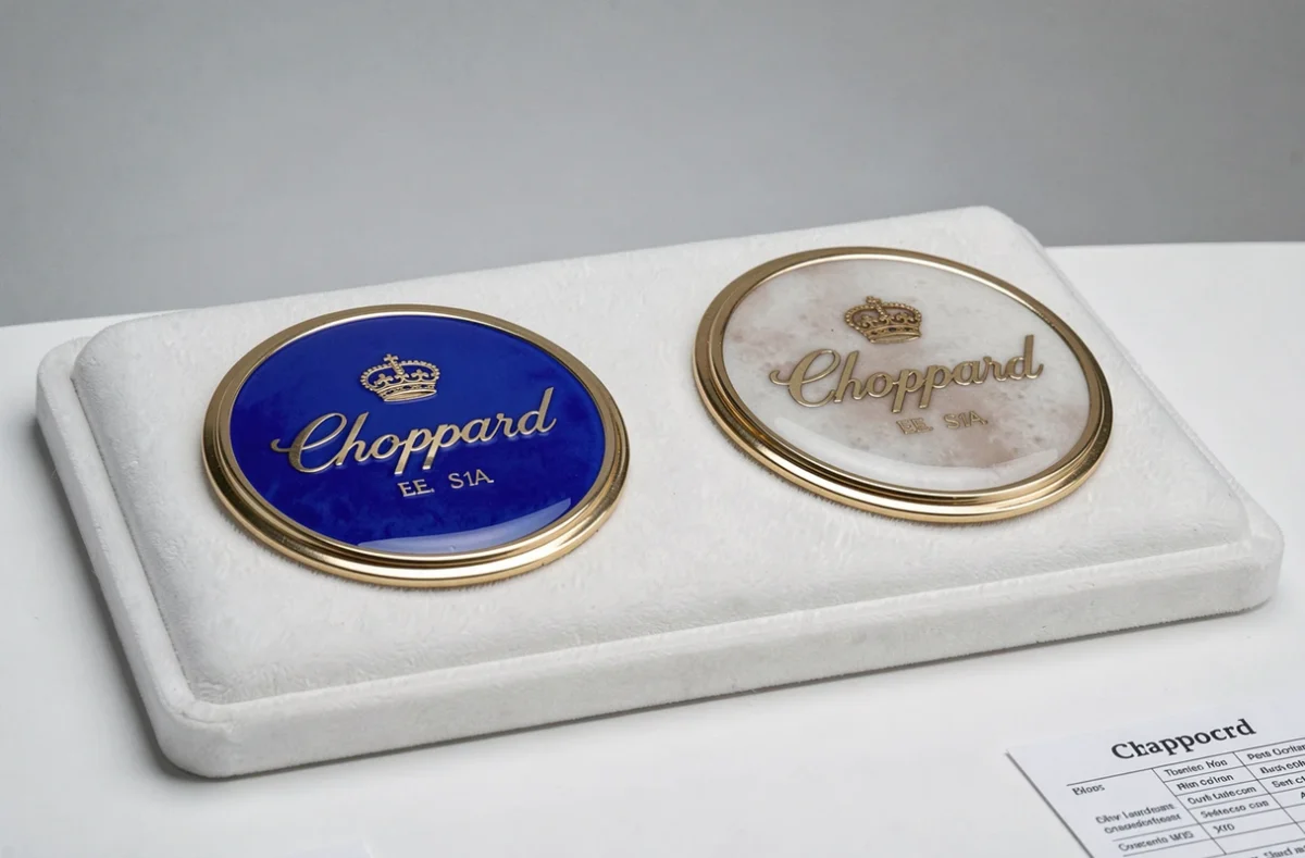 Comparaison côte à côte d'une vraie plaque émaillée Chopard et d'une reproduction pour identifier les différences