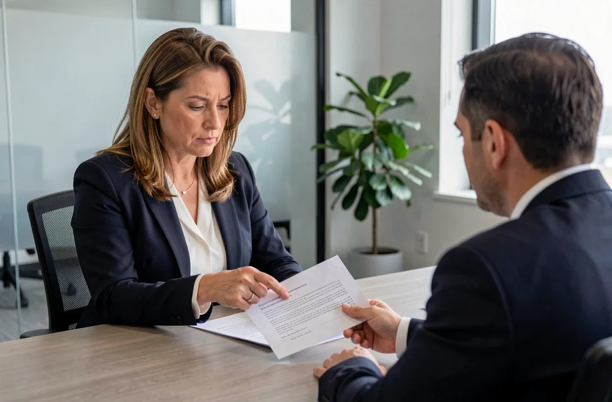 Femme présentant calmement un document imprimé lors d'une réunion, illustrant la confrontation factuelle sans émotion