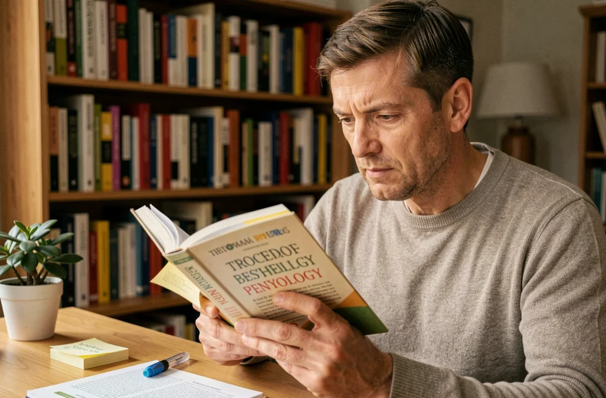 Personne lisant attentivement un livre de psychologie avec des notes autocollantes, illustrant la connaissance des techniques de manipulation