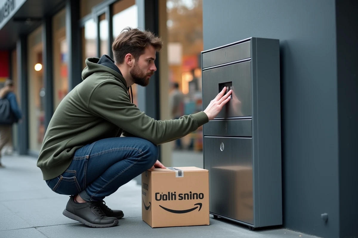 Homme utilisant une consigne automatique extérieure pour déposer un colis Colissimo en alternative à un point relai saturé